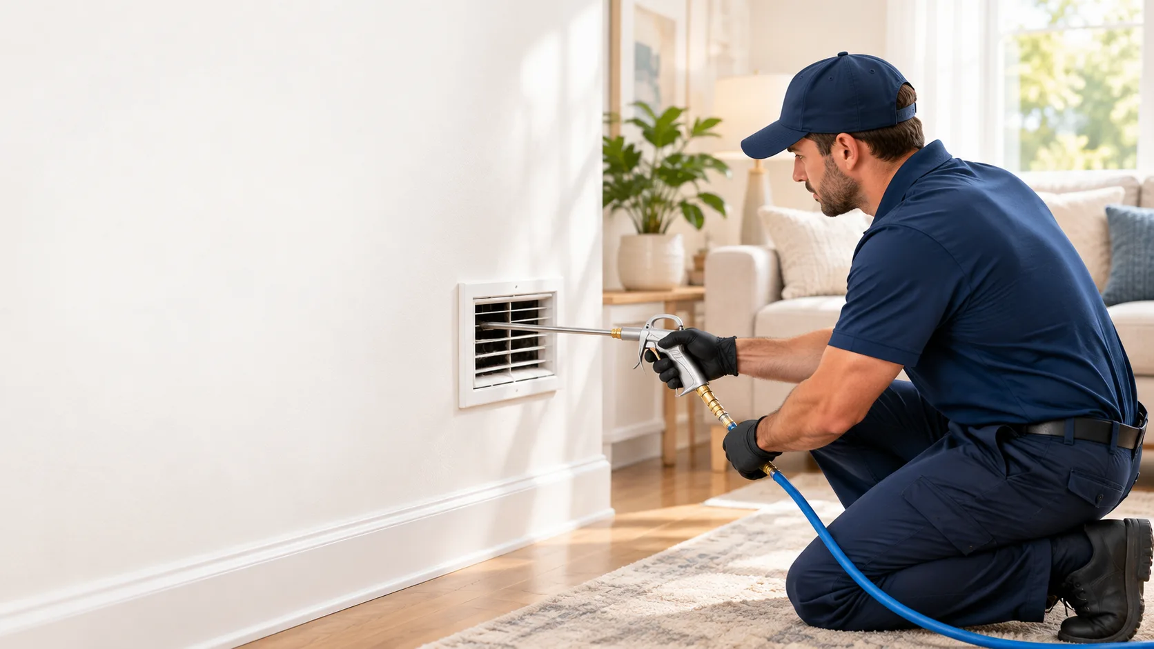 Technician cleaning an air vent in a bright living room