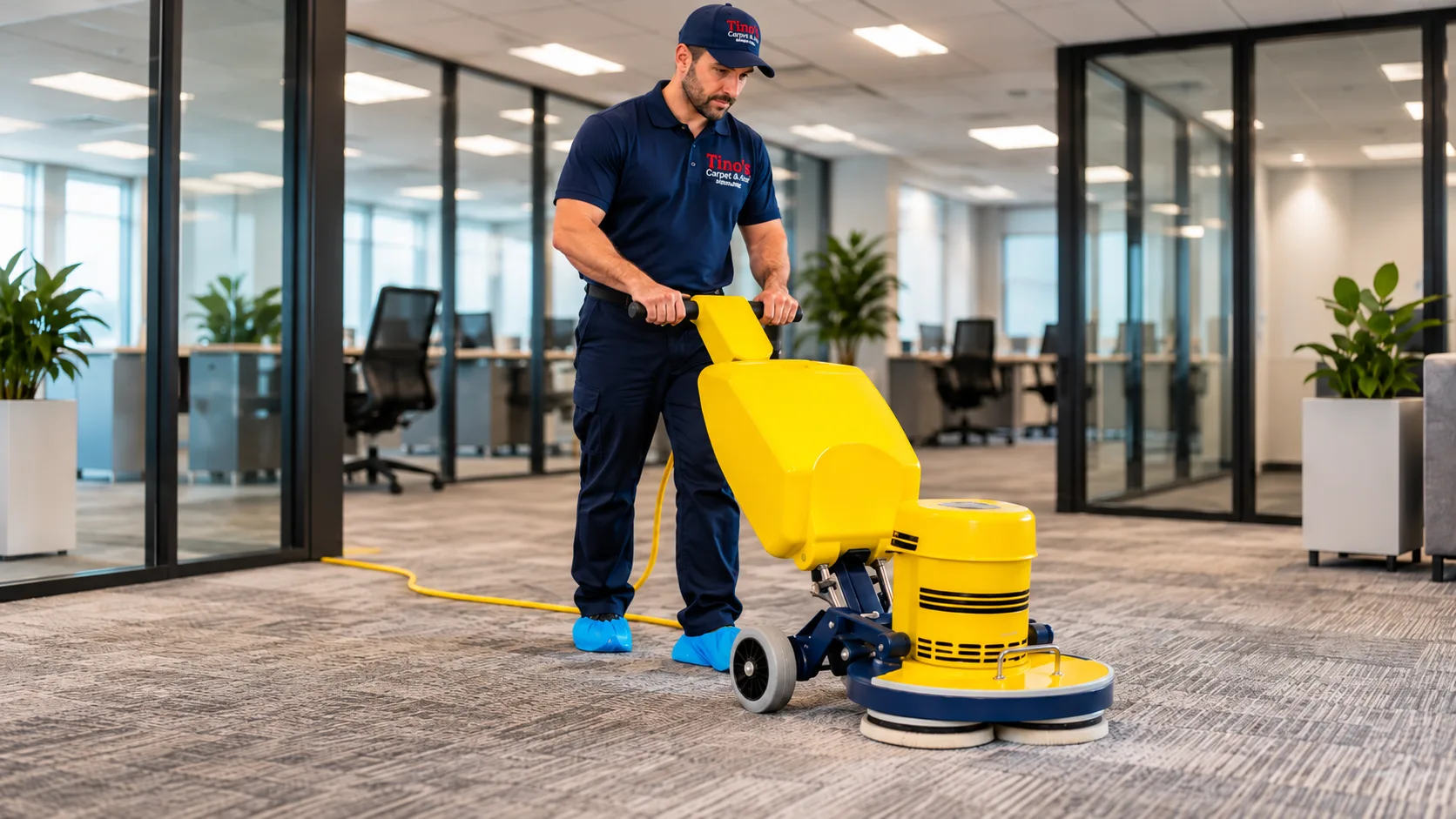 Professional office carpet cleaning in progress
