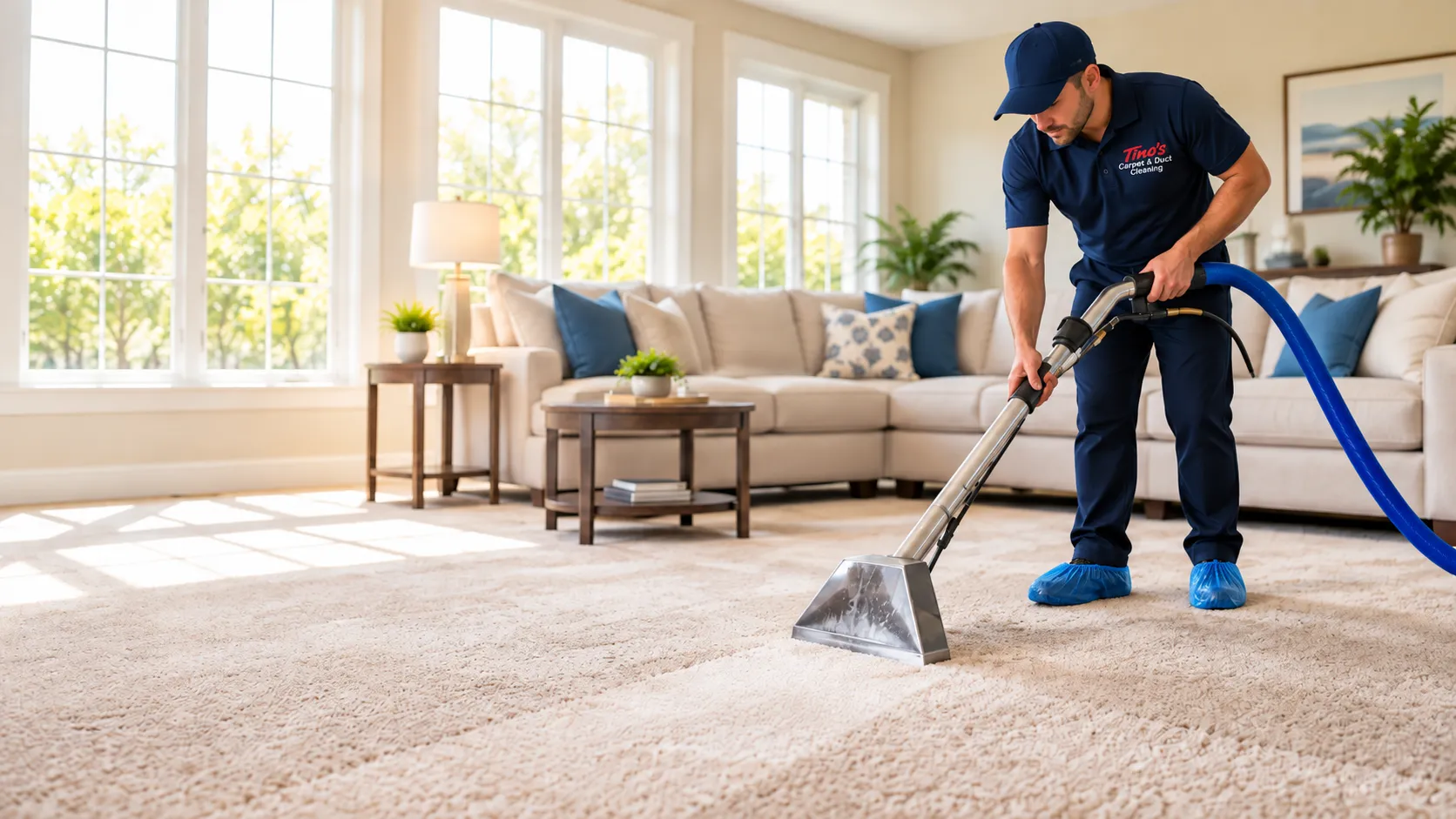 Professional carpet cleaning in a sunlit living room
