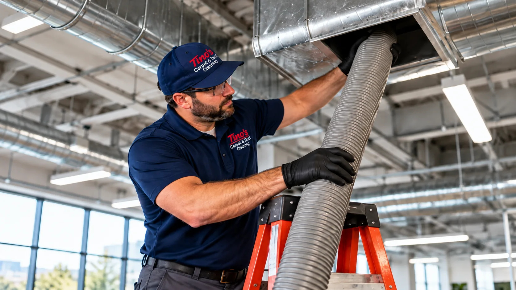 Technician cleaning industrial ductwork
