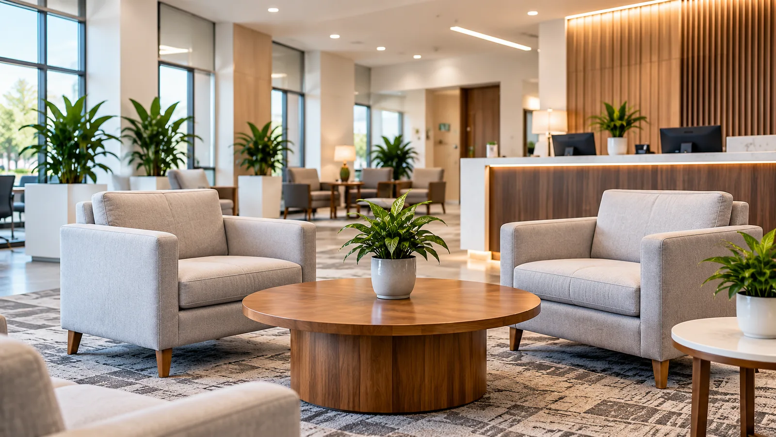 Technician cleaning upholstery in commercial lobby