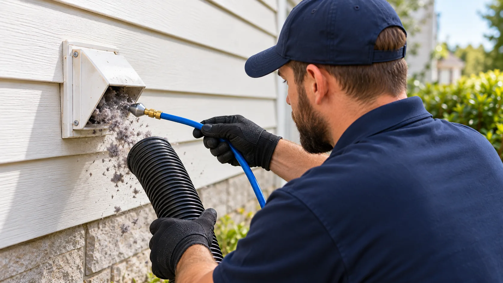 Technician cleaning a residential dryer vent