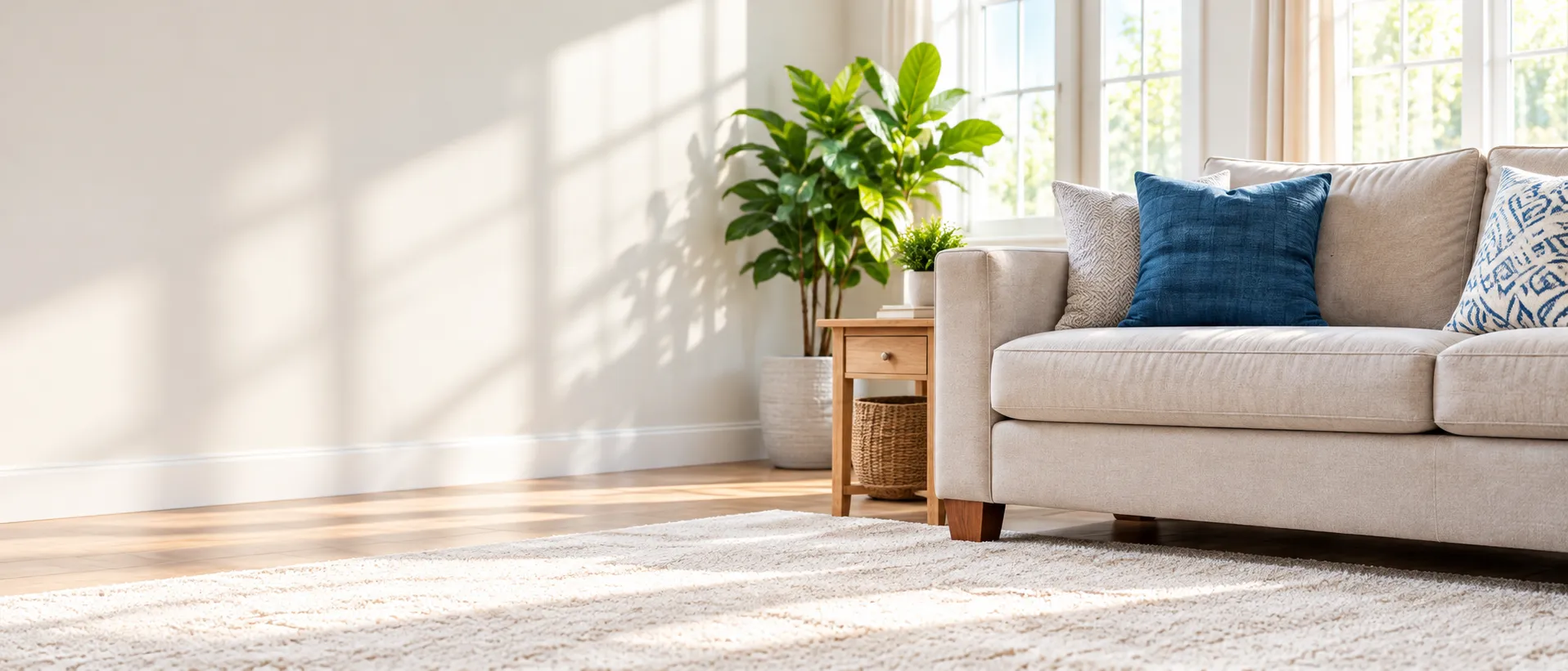 Sunlit modern living room with blue accents